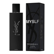 Black YSL perfume bottle and packaging on a white background
