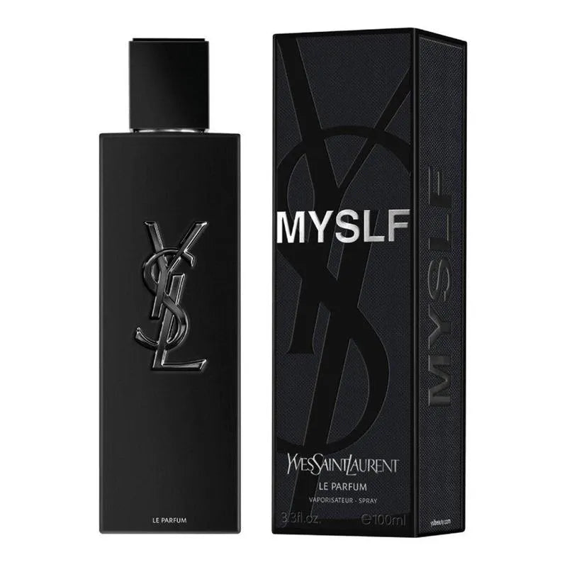 Black YSL perfume bottle and packaging on a white background
