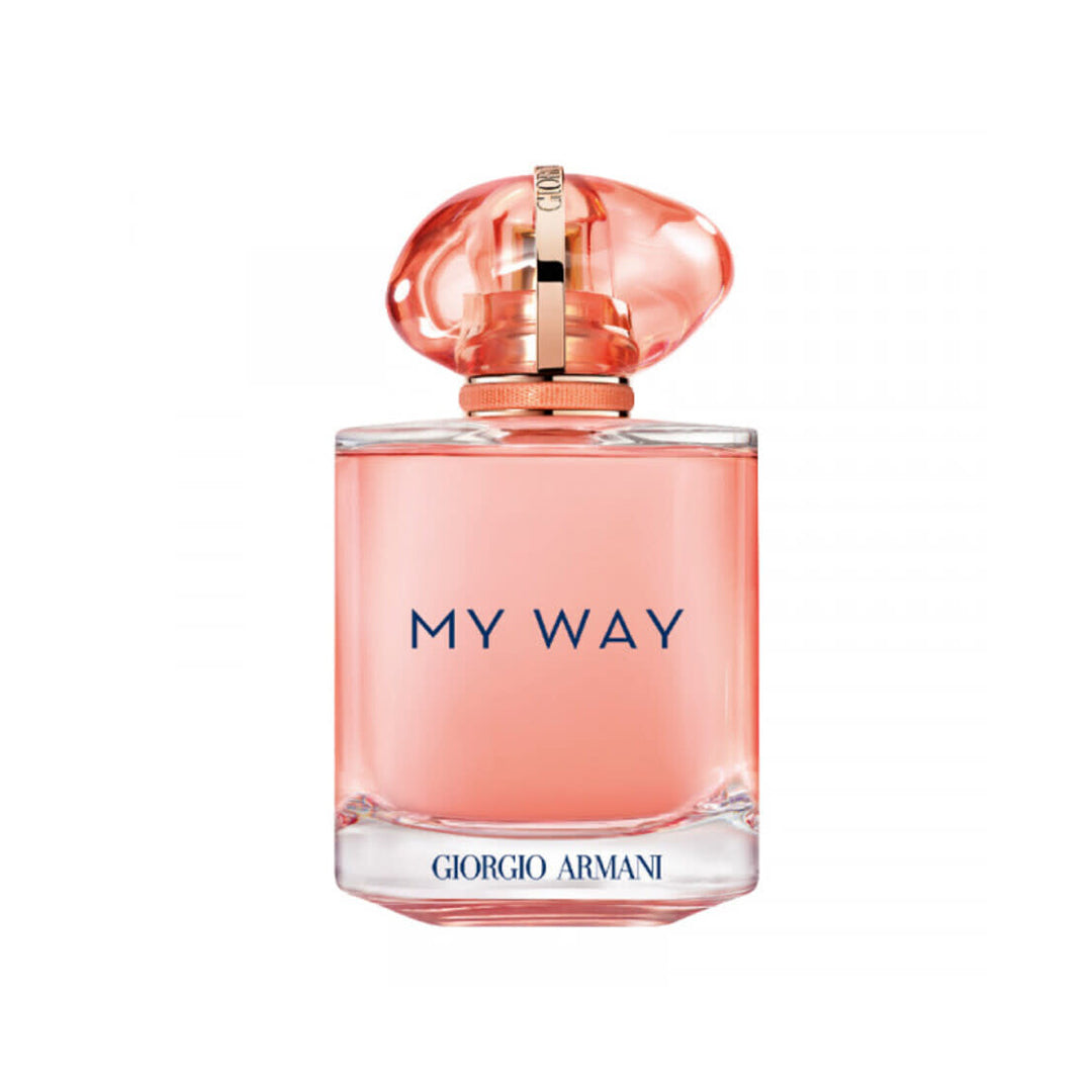 Perfume bottle labeled 'My Way' by Giorgio Armani on a white background
