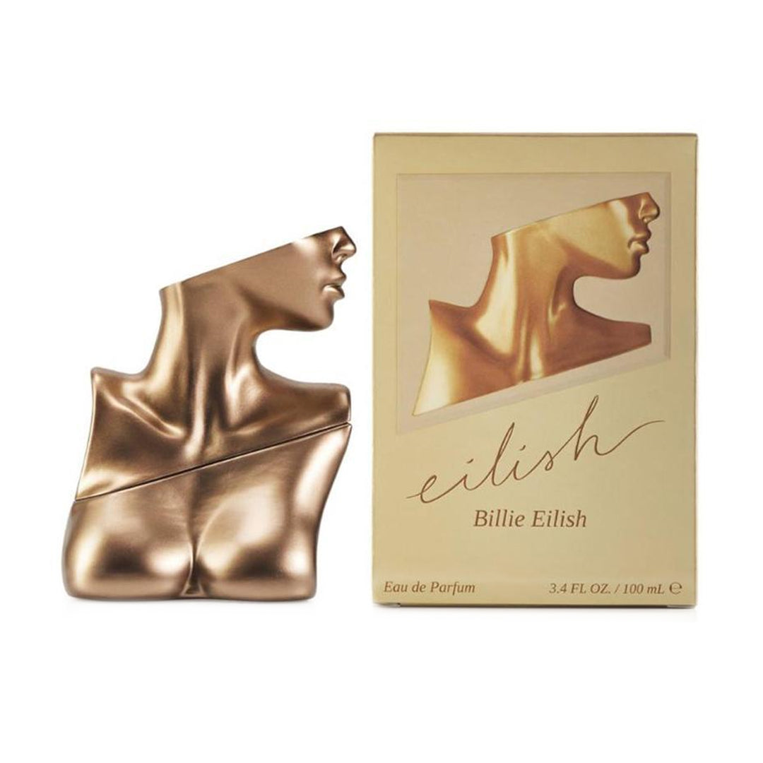 Bronze-colored perfume bottle and packaging with 'eilish' branding on a white background