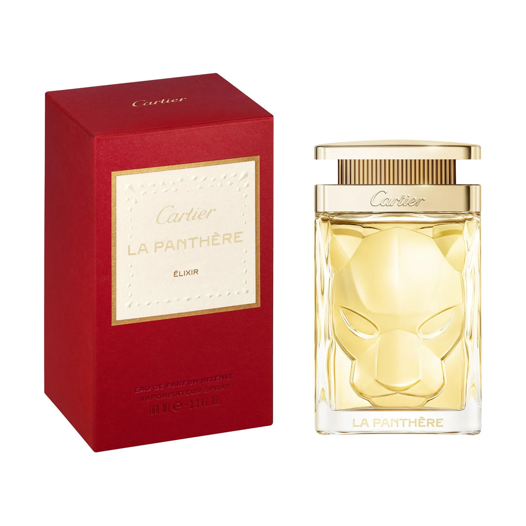 Cartier La Panthere Elixir perfume bottle and packaging on a white background