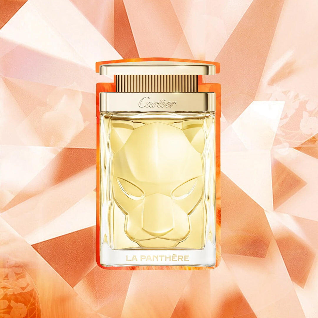 Cartier La Panthere perfume bottle on a abstract orange and white background