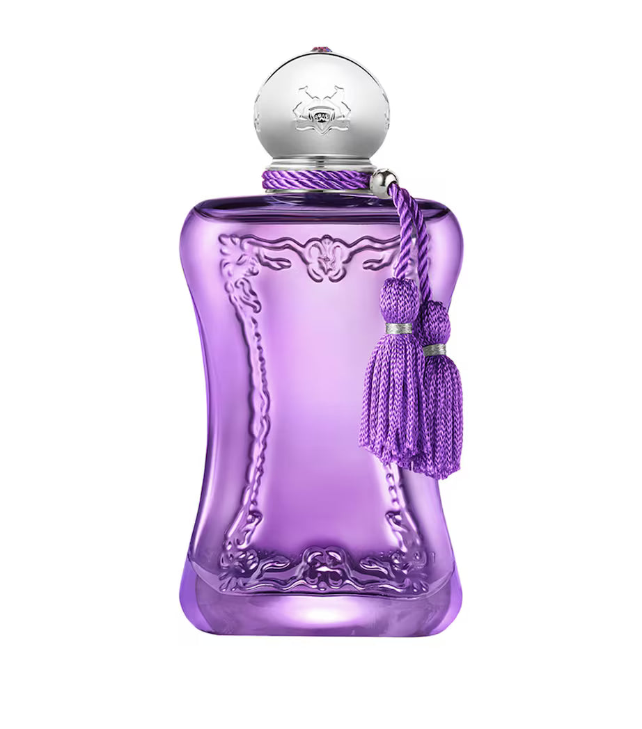 Purple perfume bottle with a silver cap and tassel on a white background
