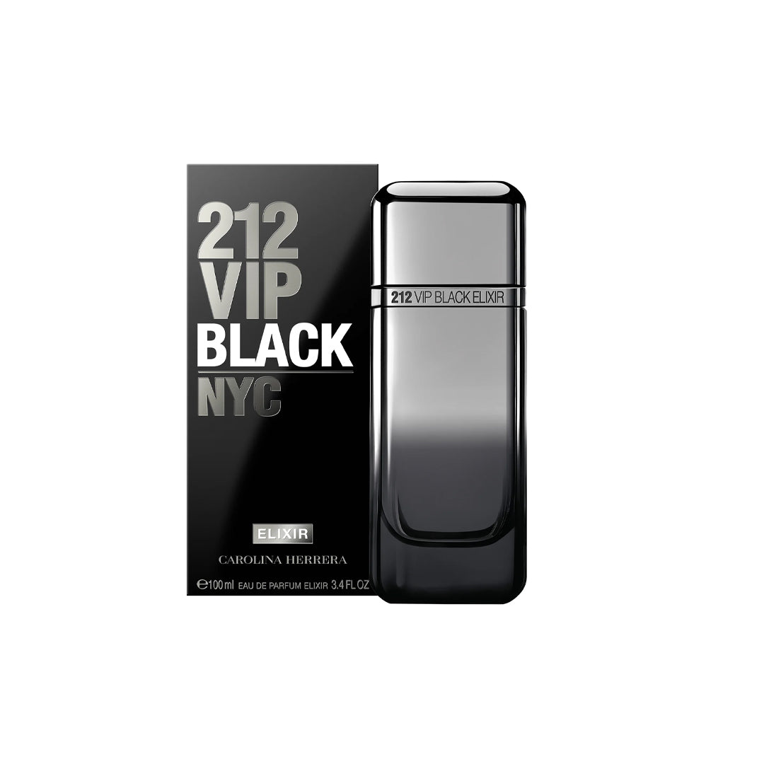 Carolina Herrera 212 VIP Black Elixir perfume bottle and packaging on a white background
