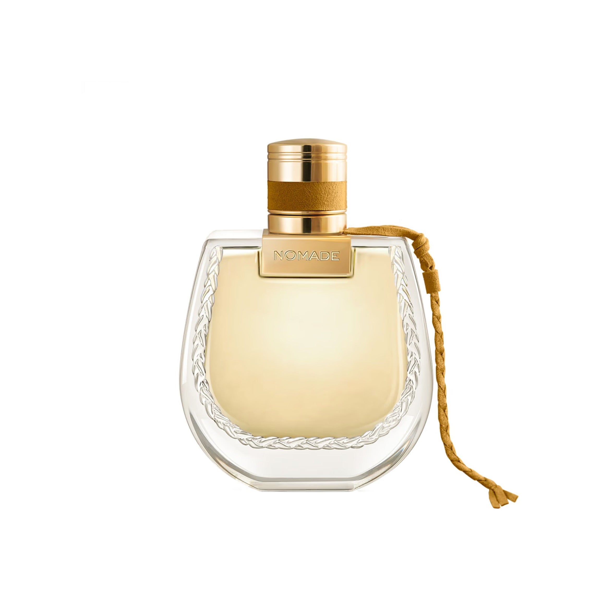 Perfume bottle with gold cap and clear glass body on a white background
