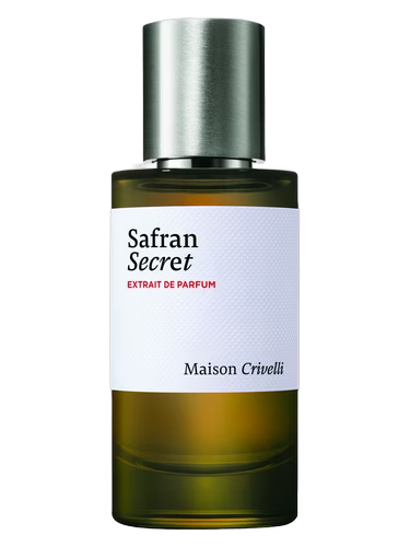 Perfume bottle labeled 'Safran Secret' by Maison Crivelli on a black background