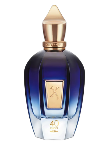 Blue perfume bottle with gold cap on a black background