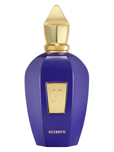Blue perfume bottle with gold cap and accents on a white background