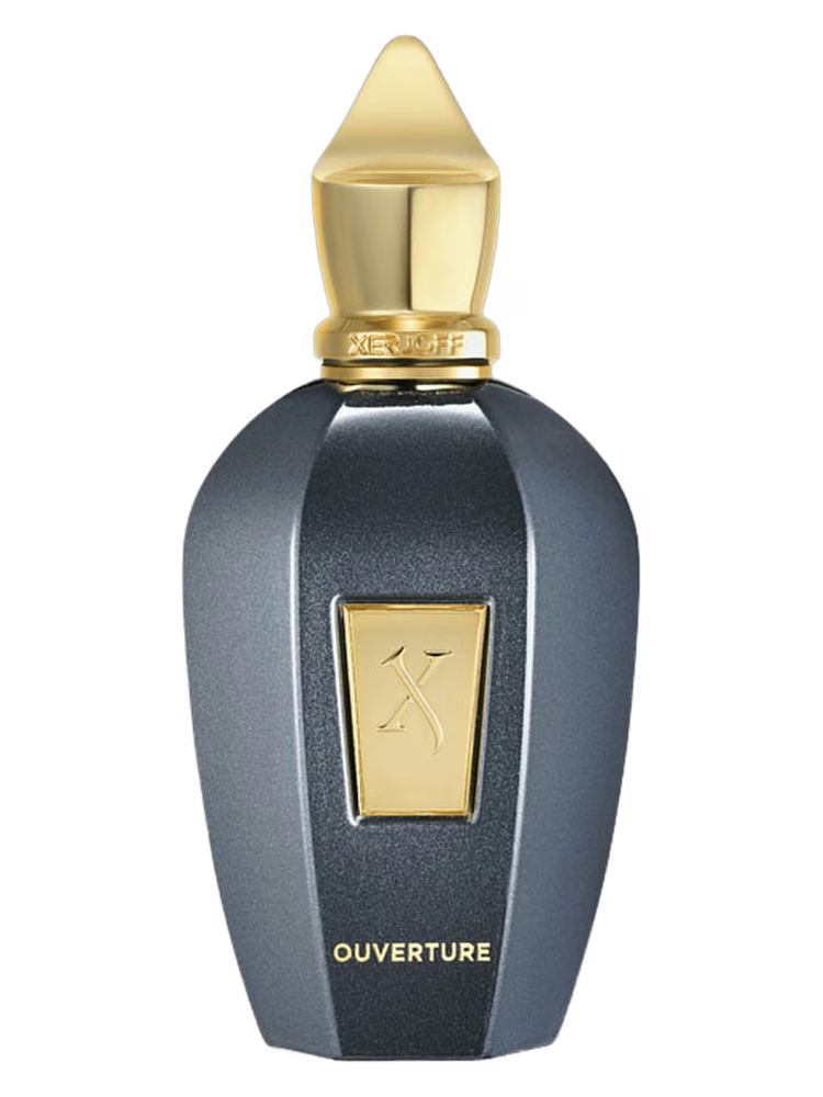 Perfume bottle with gold cap and label on a white background