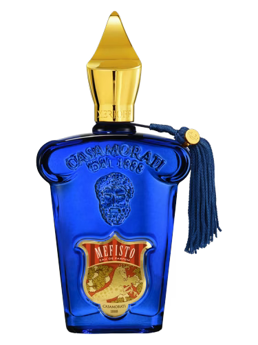 Blue bottle with gold cap and label on a black background