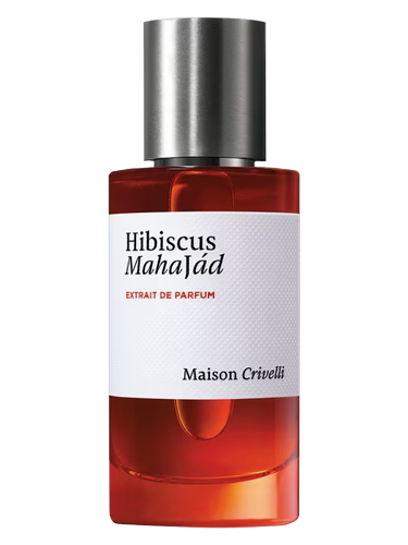 Red perfume bottle with silver cap labeled 'Hibiscus Mahajad' by Maison Crivelli on a white background