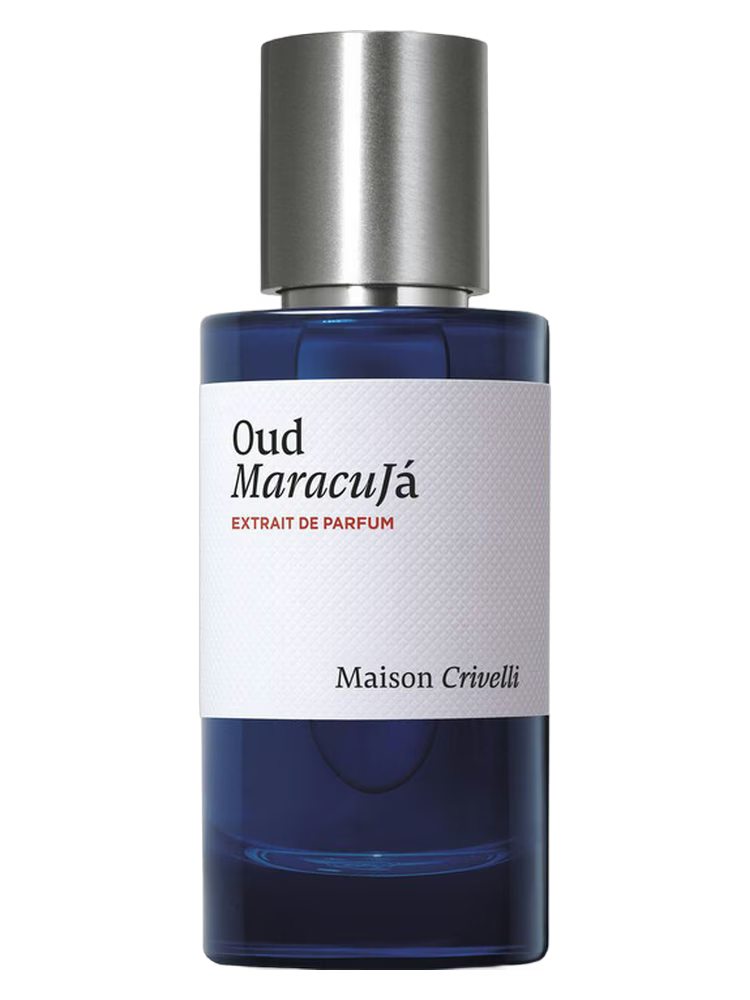 Blue perfume bottle with silver cap labeled 'Oud Maracuja' by Maison Crivelli on a white background