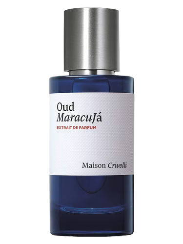 Perfume bottle labeled 'Oud Maracuja' by Maison Crivelli on a white background