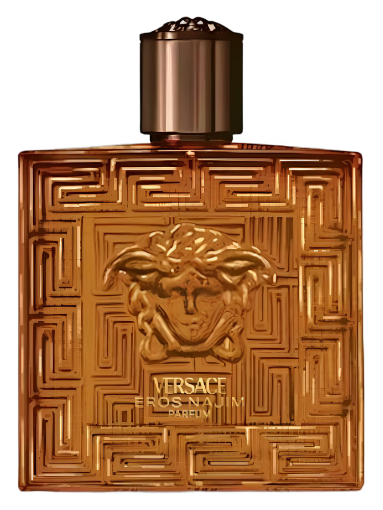 Versace Eros Naïve perfume bottle with intricate design and gold accents on a black background
