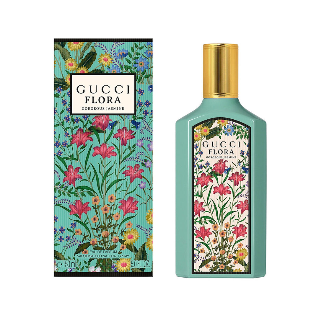 Gucci Flora perfume bottle and packaging with floral design on a white background