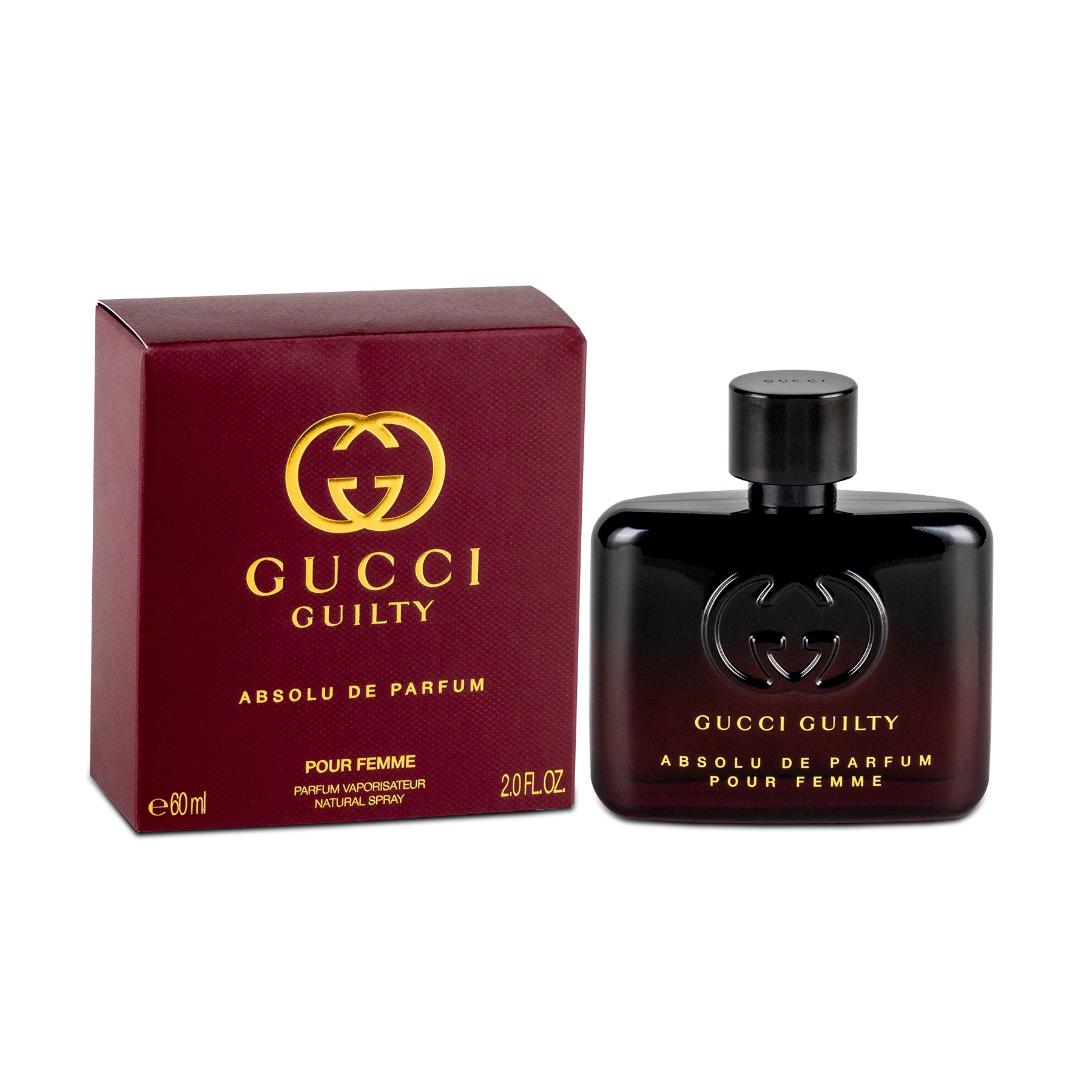 Gucci Guilty perfume bottle and packaging on a white background
