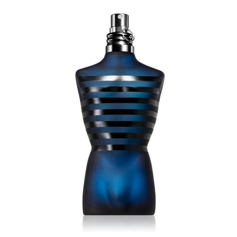 Blue and black striped perfume bottle on a white background