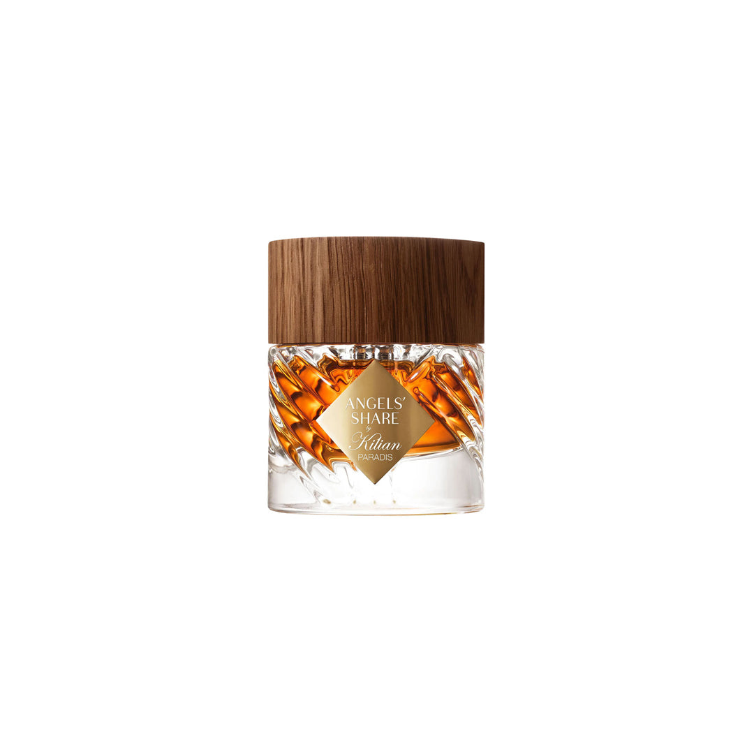 Kilian Angel's Share perfume bottle with wooden cap on a white background