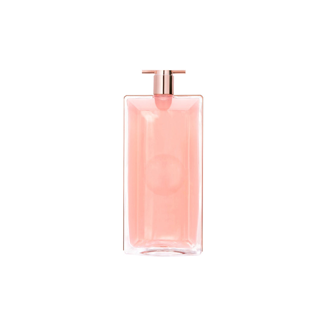 Pink perfume bottle with a rose gold cap on a white background