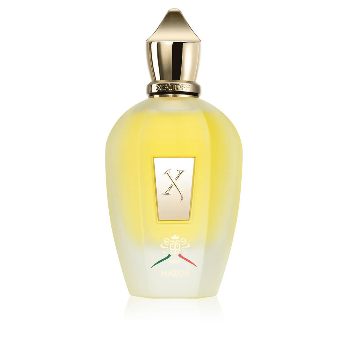 Perfume bottle with gold cap and label on a white background