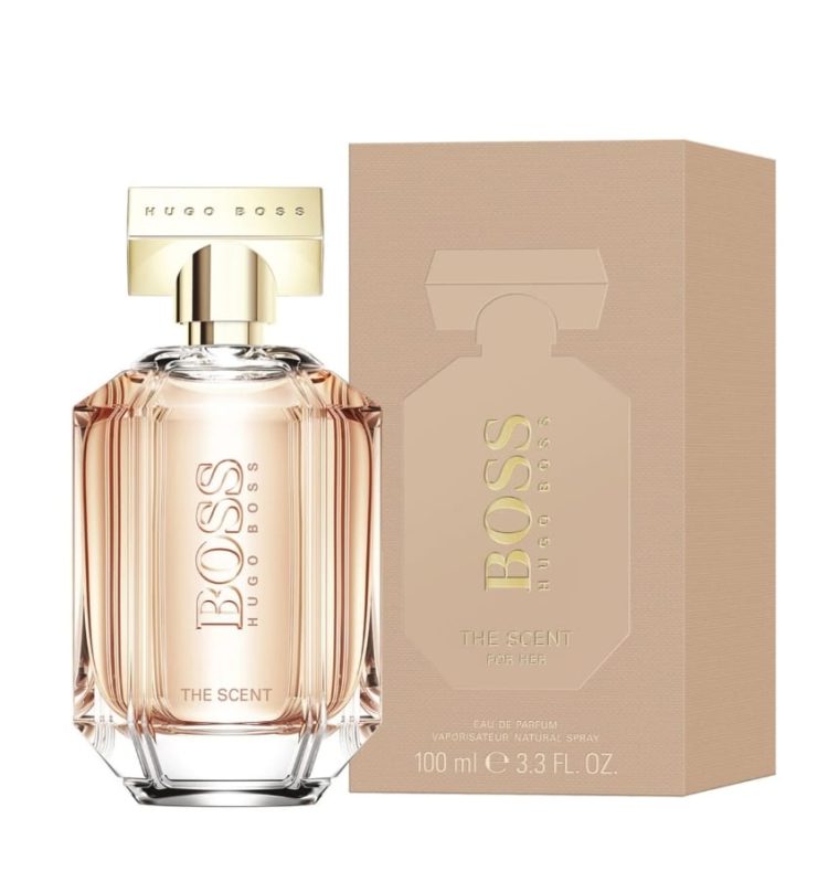 Hugo Boss perfume bottle and packaging on a white background