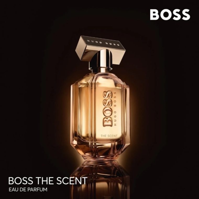 BOSS The Scent perfume bottle on a dark background
