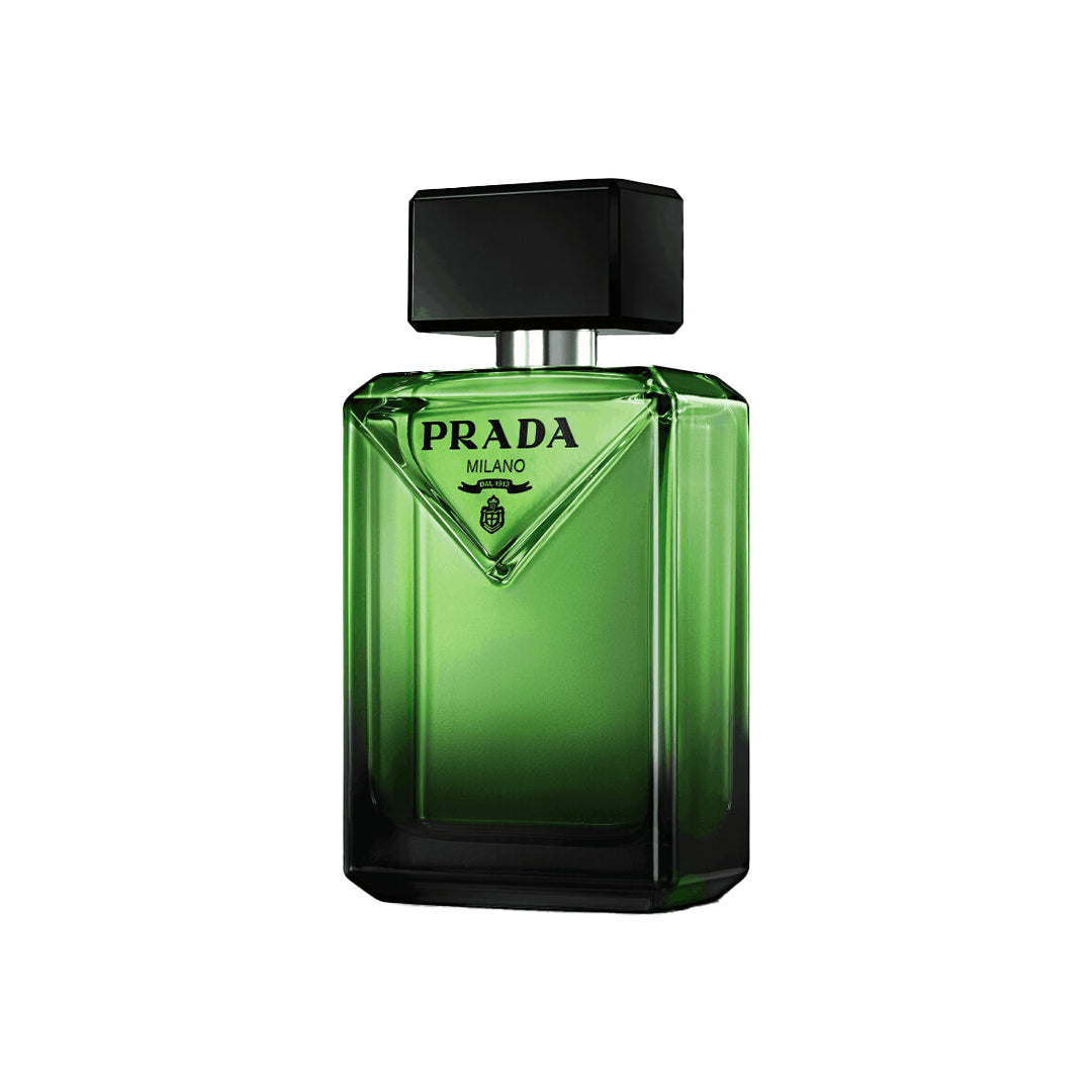 Green Prada perfume bottle on a white background