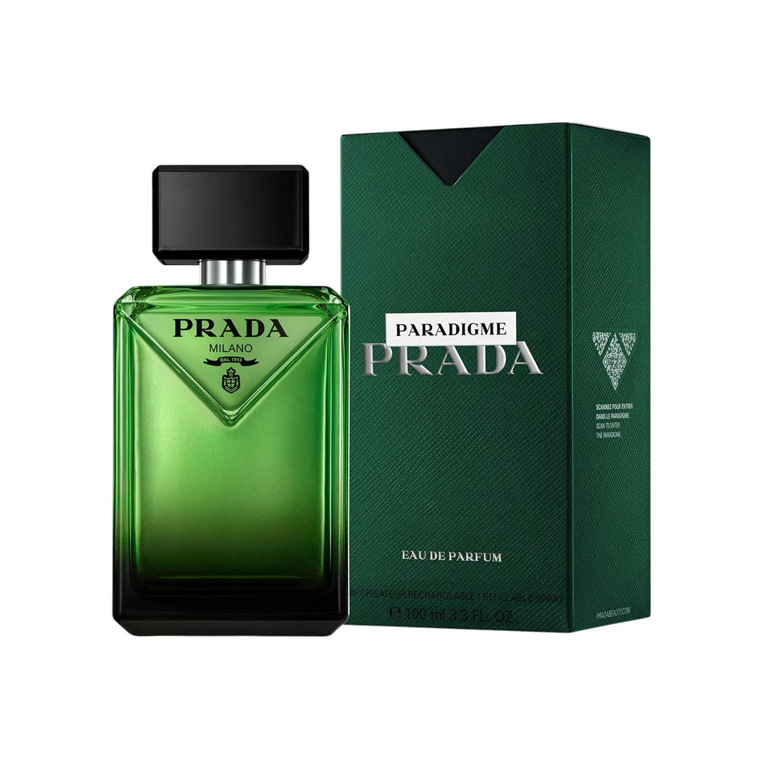 Prada Paradigme Eau de Parfum bottle and packaging on a white background