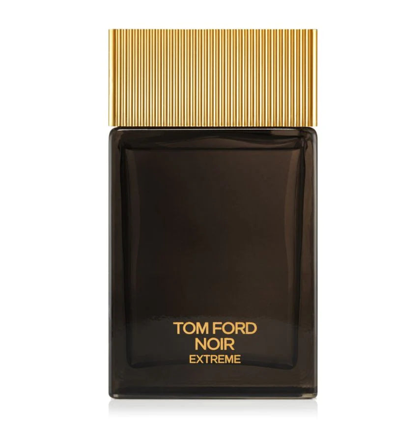 Tom Ford Noir Extreme perfume bottle with gold cap on a white background