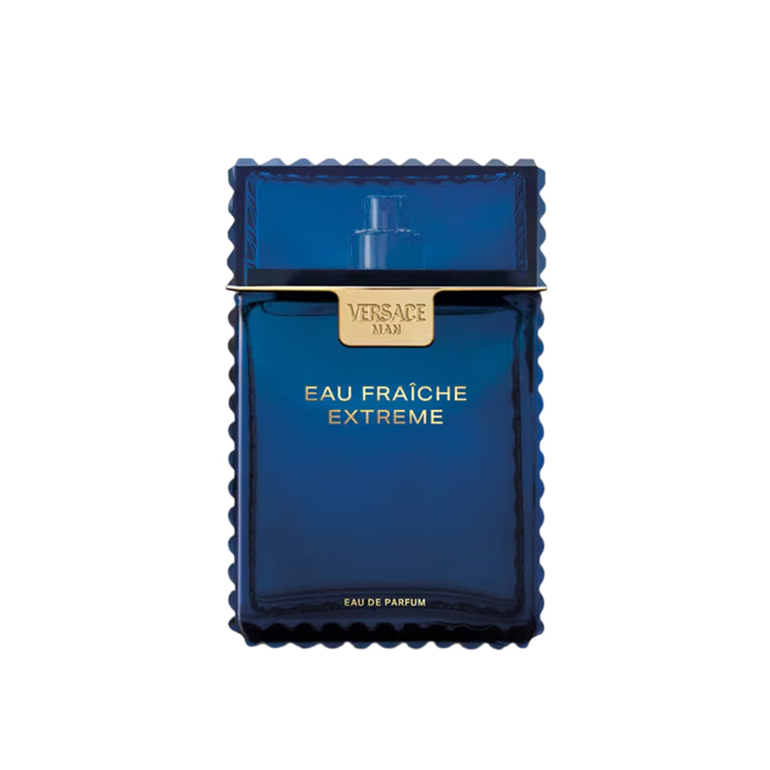 Blue Versace Eau Fraçèche Extreme perfume bottle on a white background