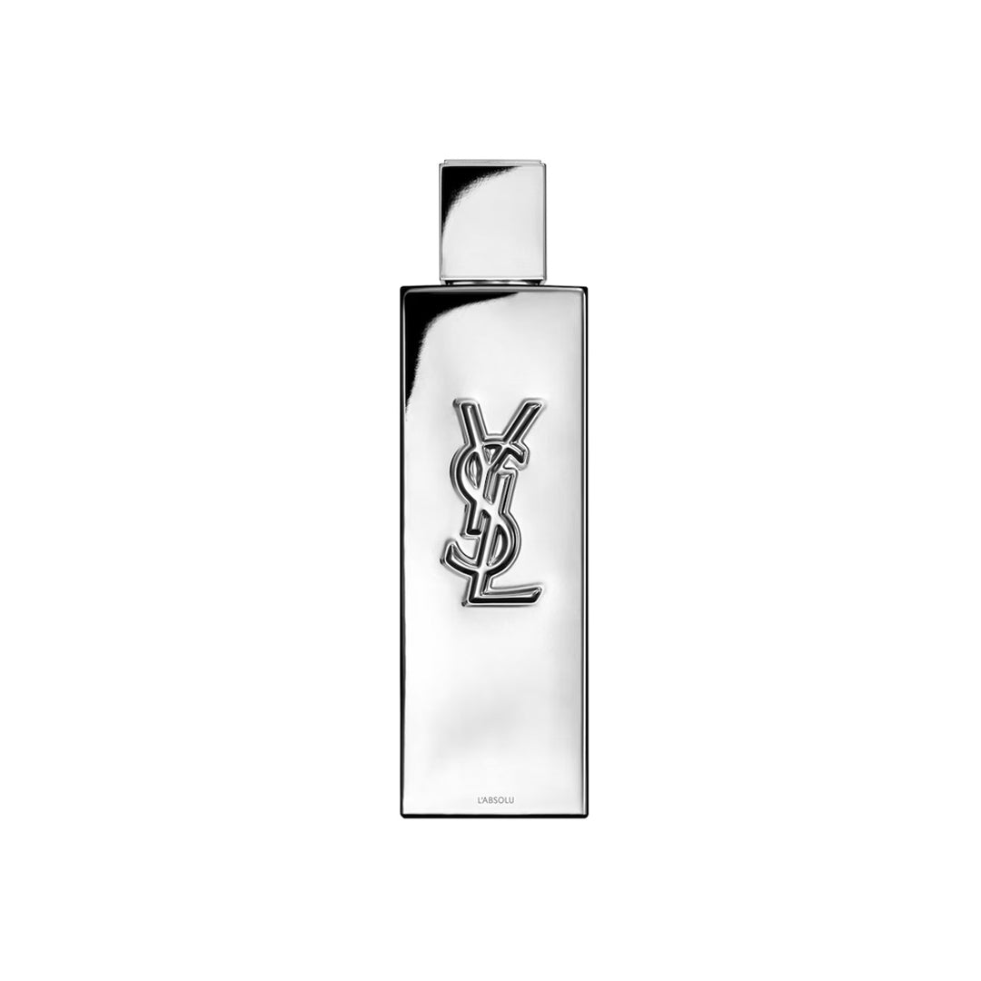 Silver YSL perfume bottle on a white background